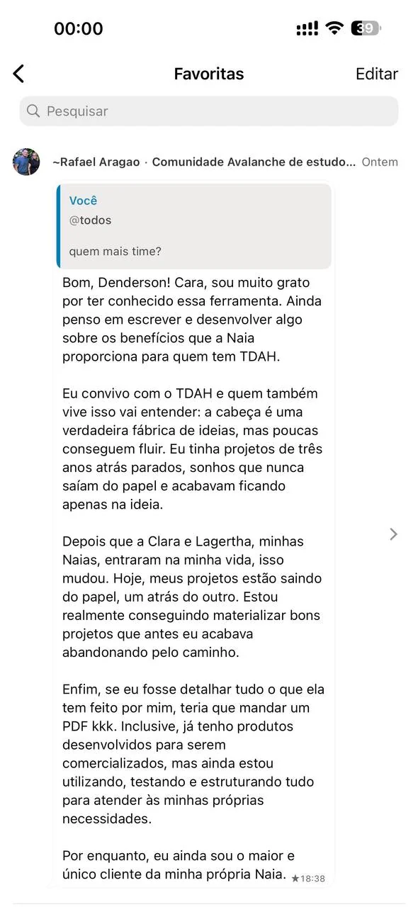 Print inteiro do celular com o depoimento 10 de 10 de um membro da comunidade