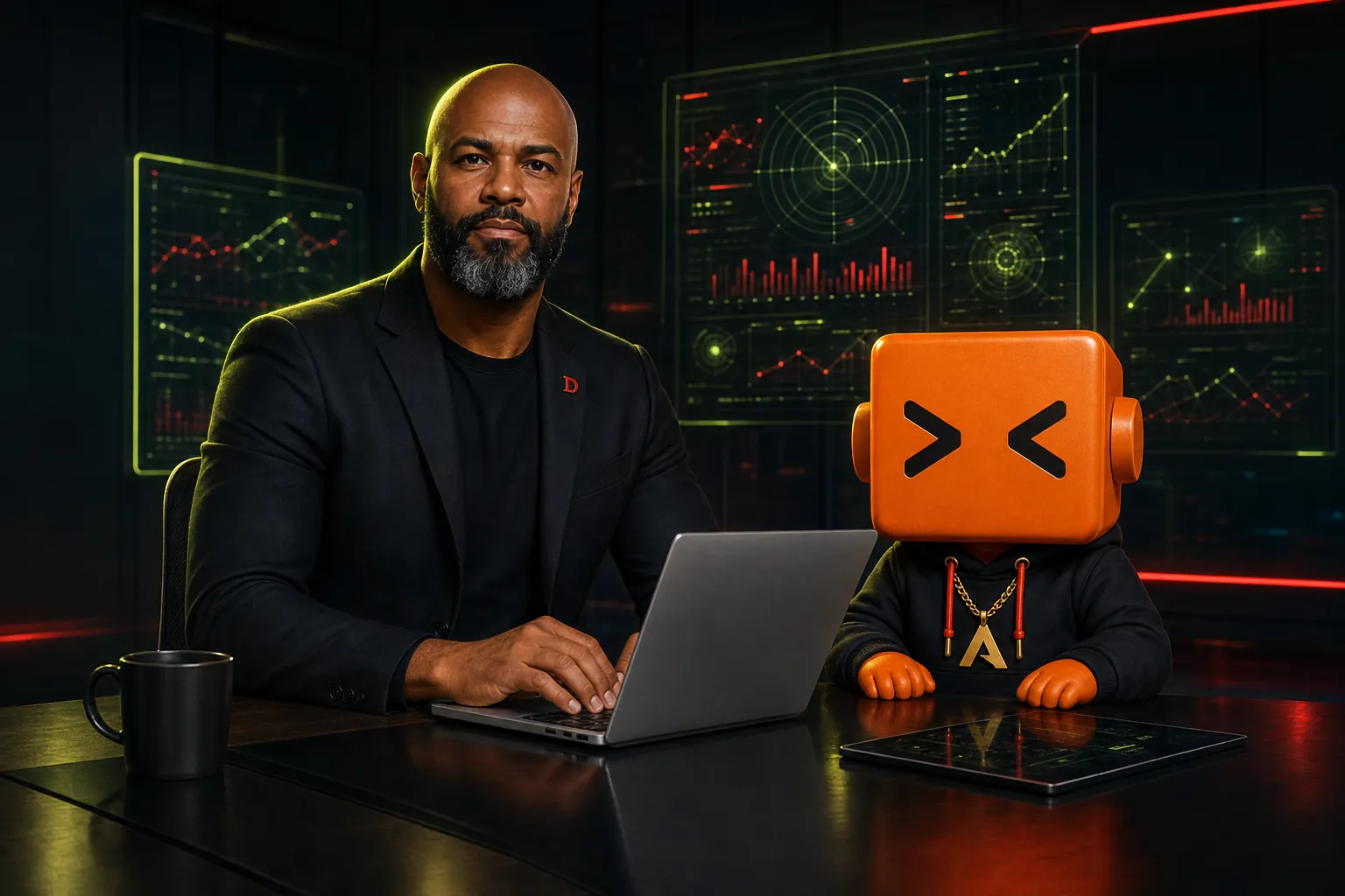 Denderson Rodrigues trabalhando no MacBook com o agente Claudinho ao lado